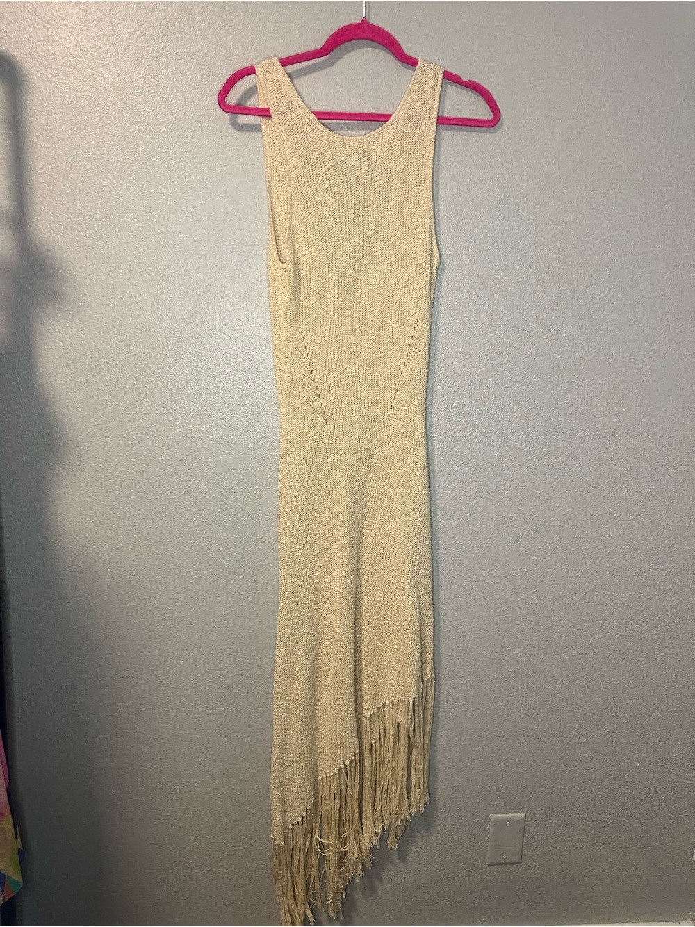 Rails Fringe Dress Ecru Open Textured Knit Asymmetrical Fringe Hem Midi Tank